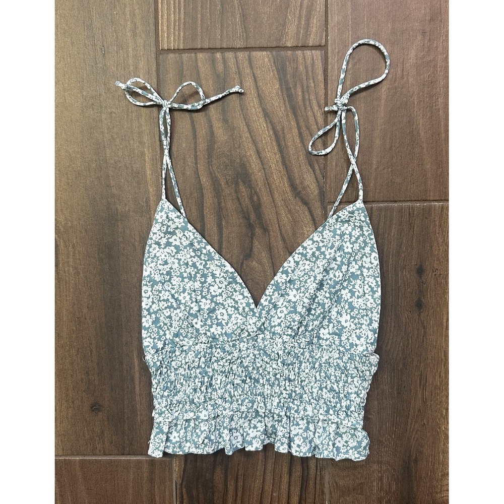 Sim & Sam Women's Floral Crop Top Small Ruched V-Neck Tank Teal Blue White‎